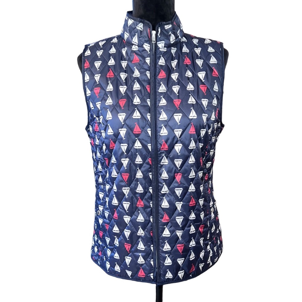 Talbots Navy Blue Sail Boat Print Vest - Size Medium